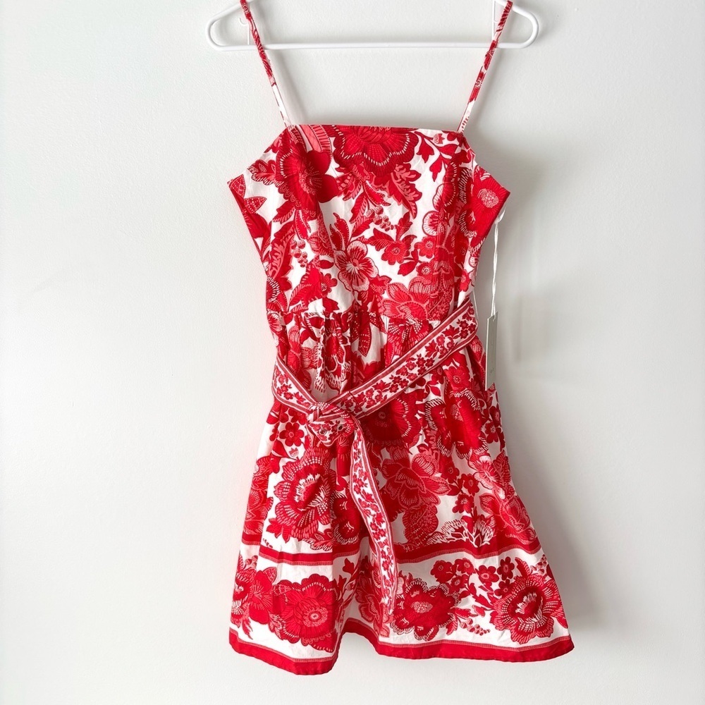 Joie Red White Floral Mini Dress A-line Belted Sleeveless Coquette Preppy